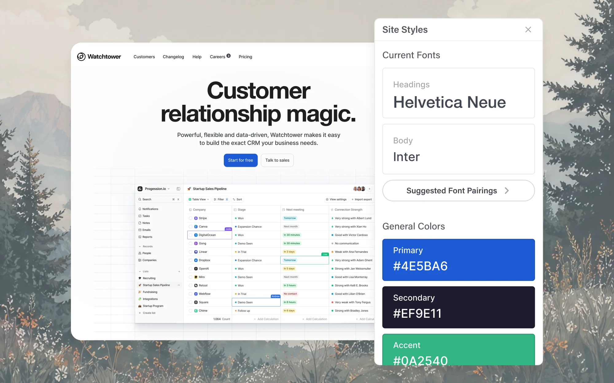 Color palette and typography styles panel in the Sunburst editor